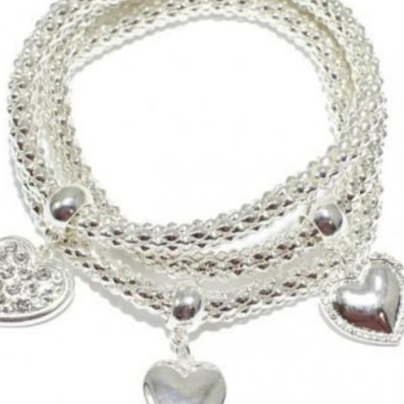 Multi Layer SILVER, HEART CHARM STRETCH BRACELET SET - Picture 1 of 2